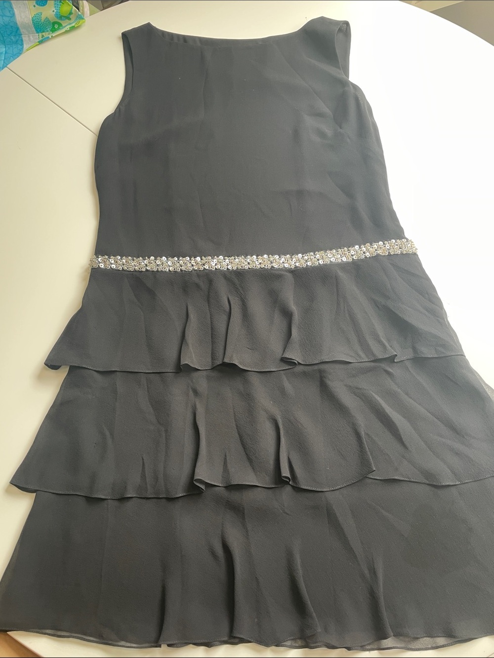 Talbots Black Sleeveless Tiered Pure Silk Dress with Crystal Waistband